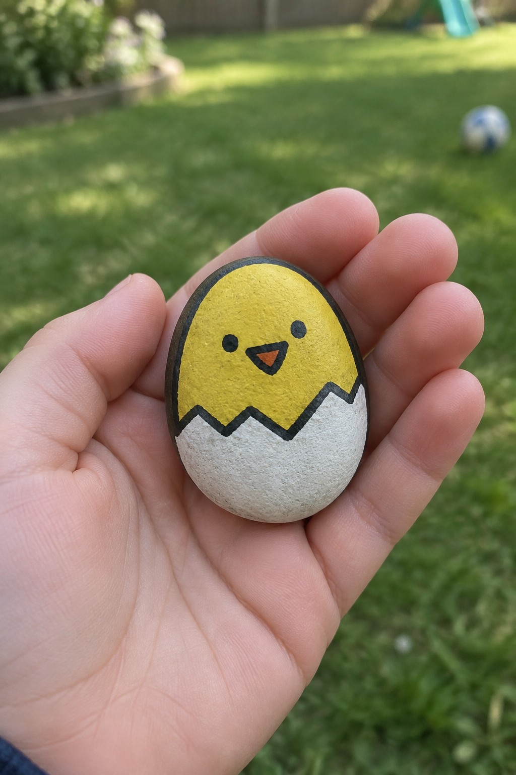 Hand holding painted rock of yellow chick hatching from white eggshell on grass