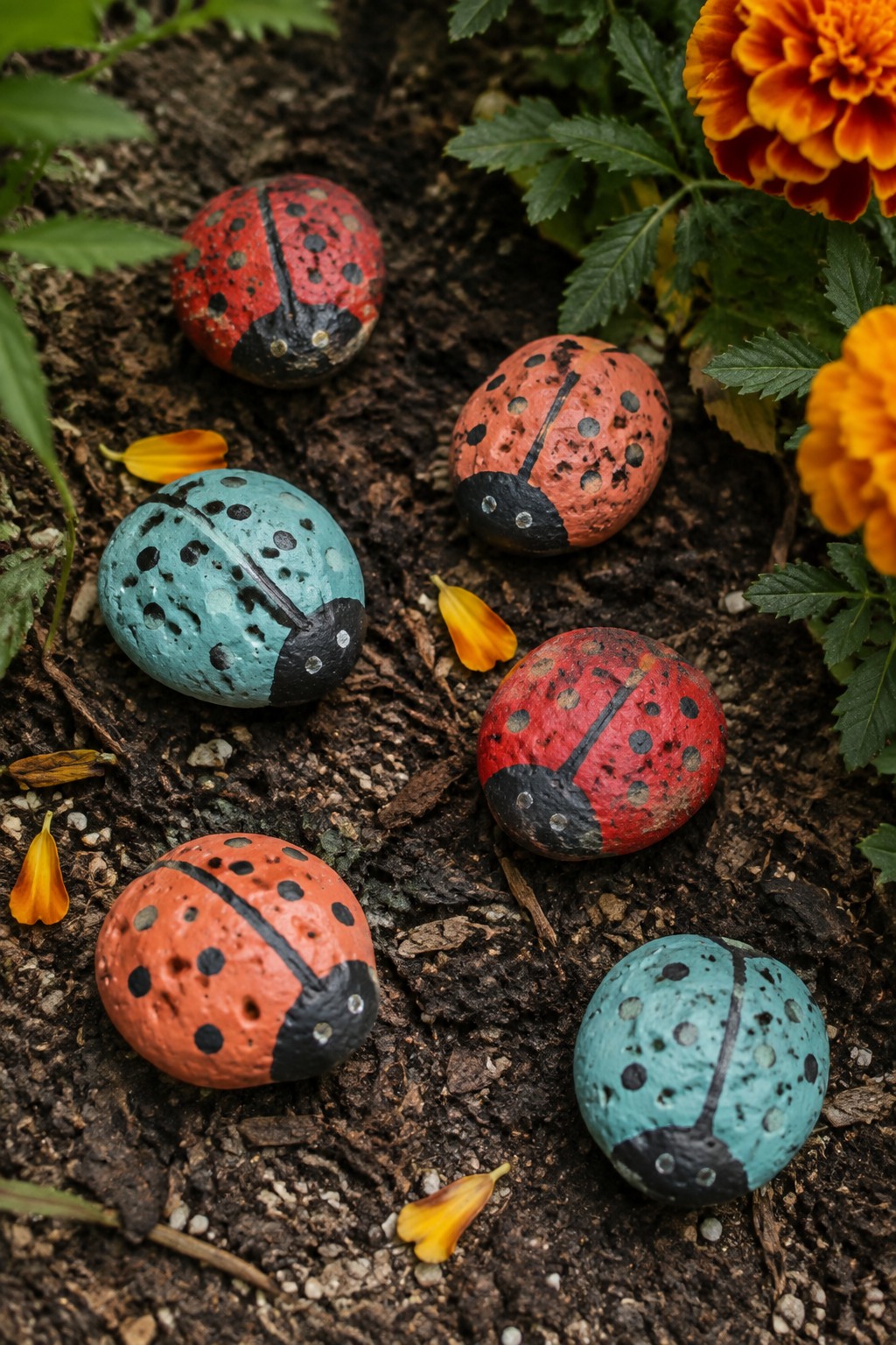 Several painted rocks designed as ladybugs in red, orange, and teal sit on dark garden soil near flowers.