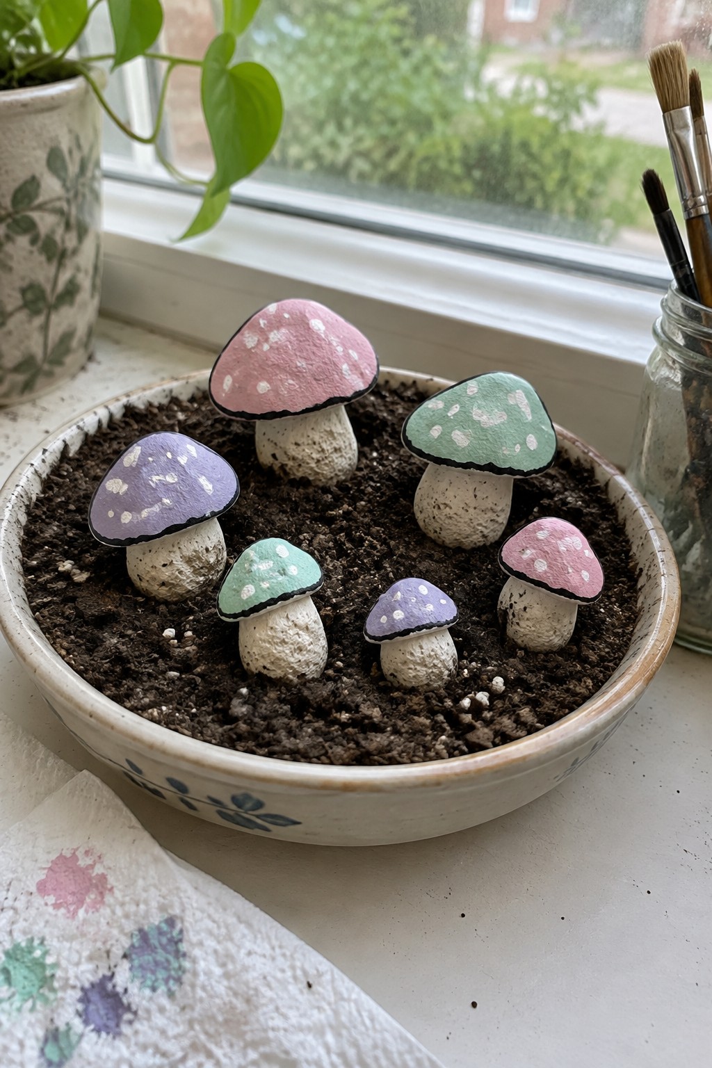 Colorful painted mushroom rocks nestled in soil inside a white ceramic bowl on windowsill