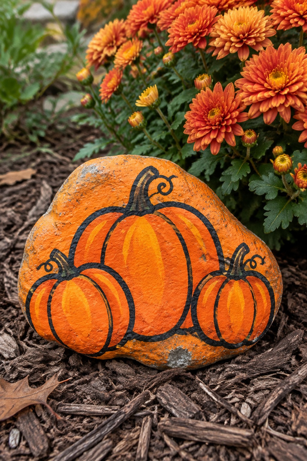 Orange rock painted with three black-outlined pumpkins amid orange flowers and mulch.