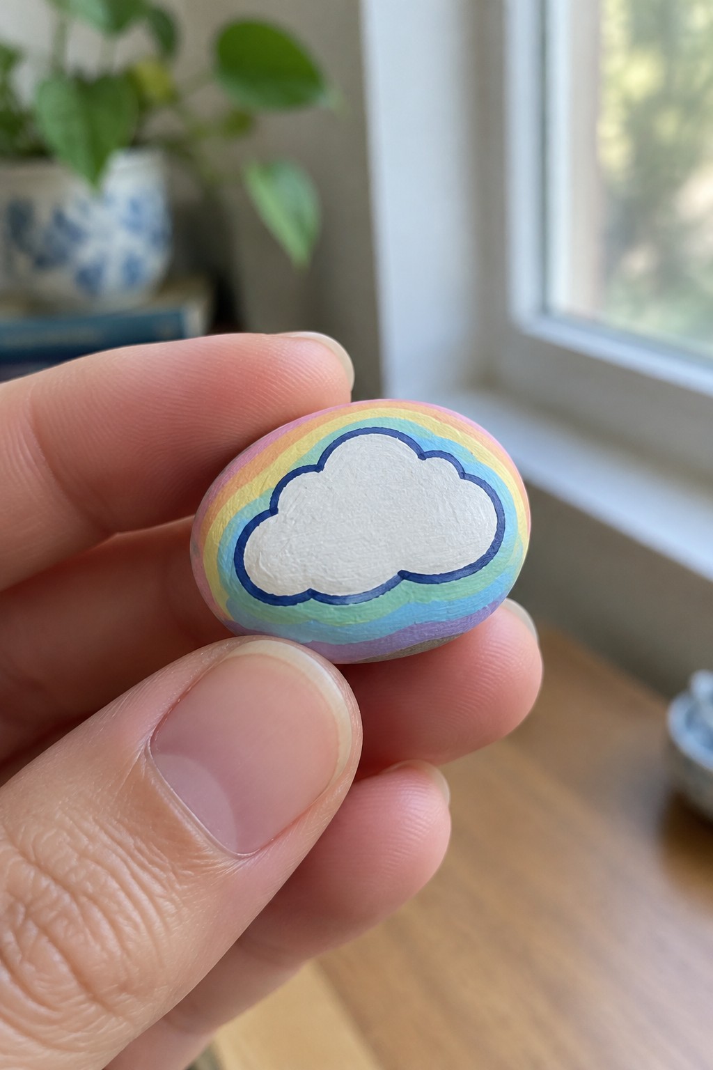 Hand holding oval stone painted with rainbow stripes and white cloud