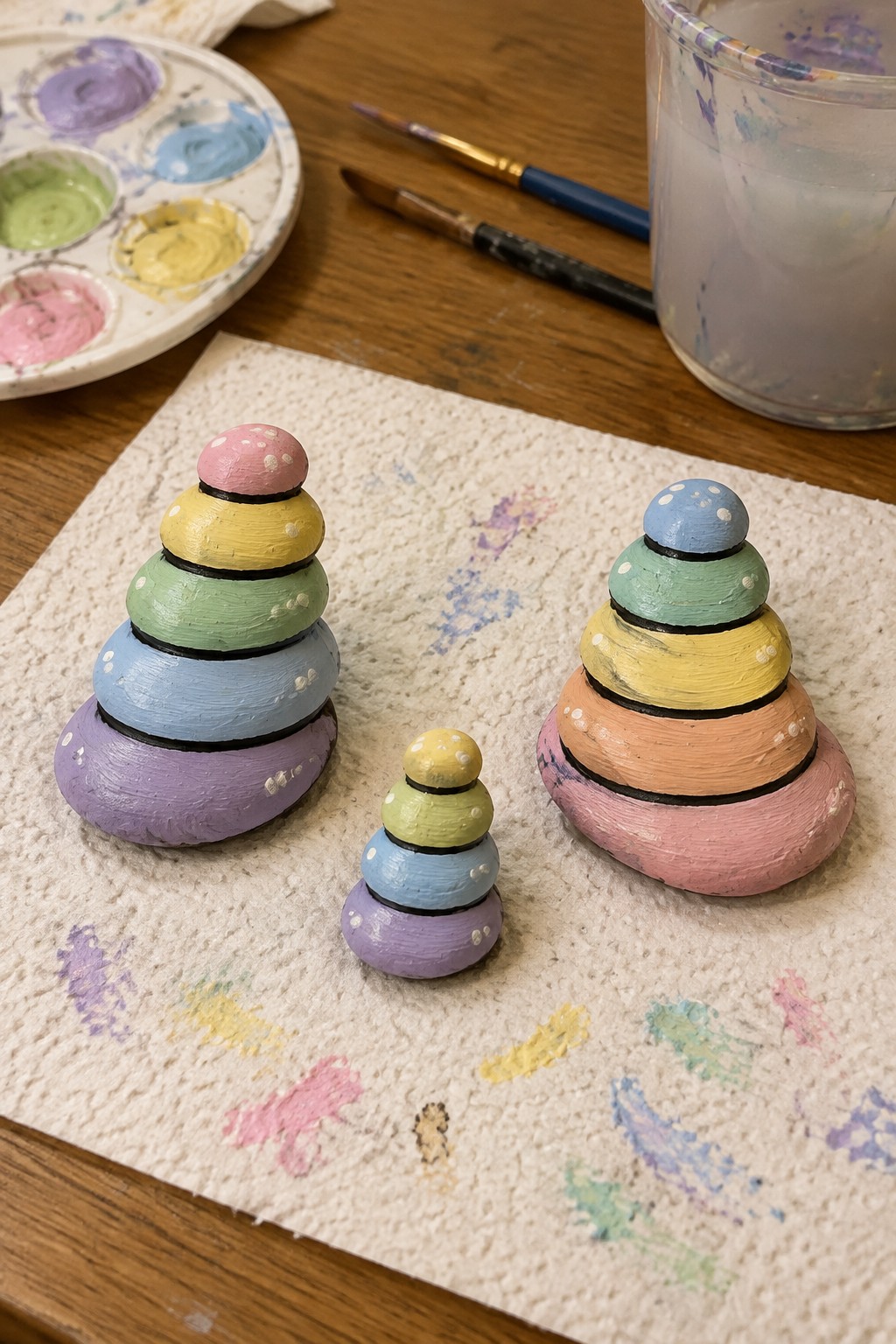 Three small stacks of painted rocks in pastel colors with black outlines and white dots, surrounded by paint supplies on a wooden table.