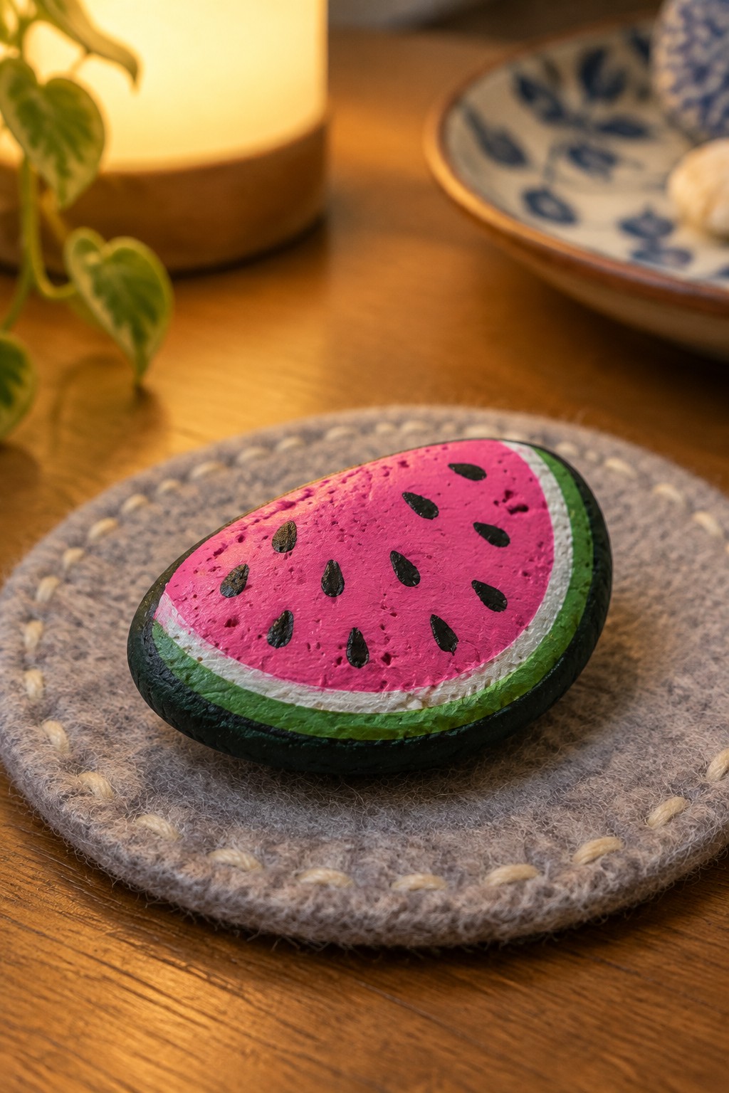 Pink watermelon painted rock on gray felt coaster atop wooden table.