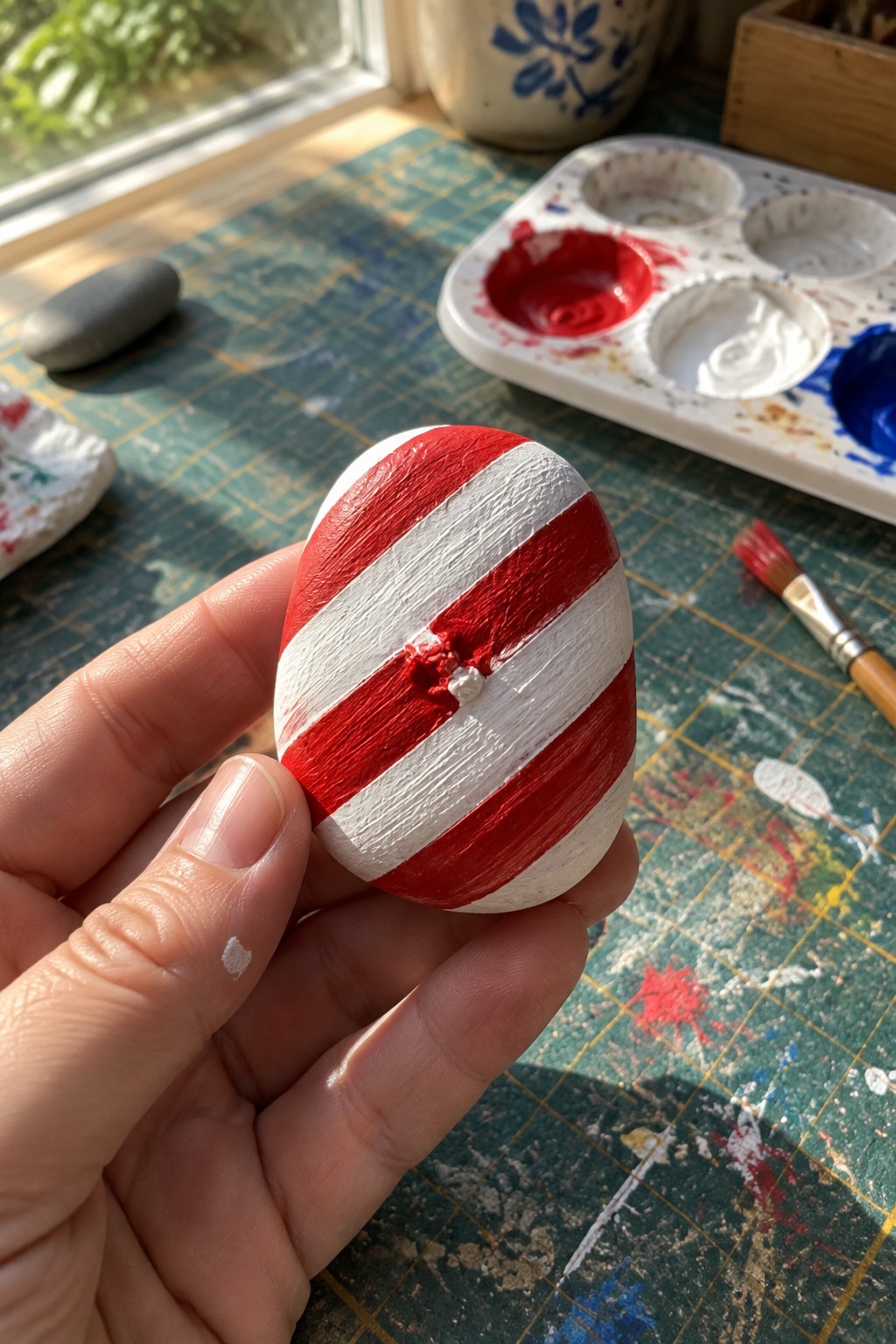 Hand holding red-and-white striped painted rock over paint-splattered mat with palette.