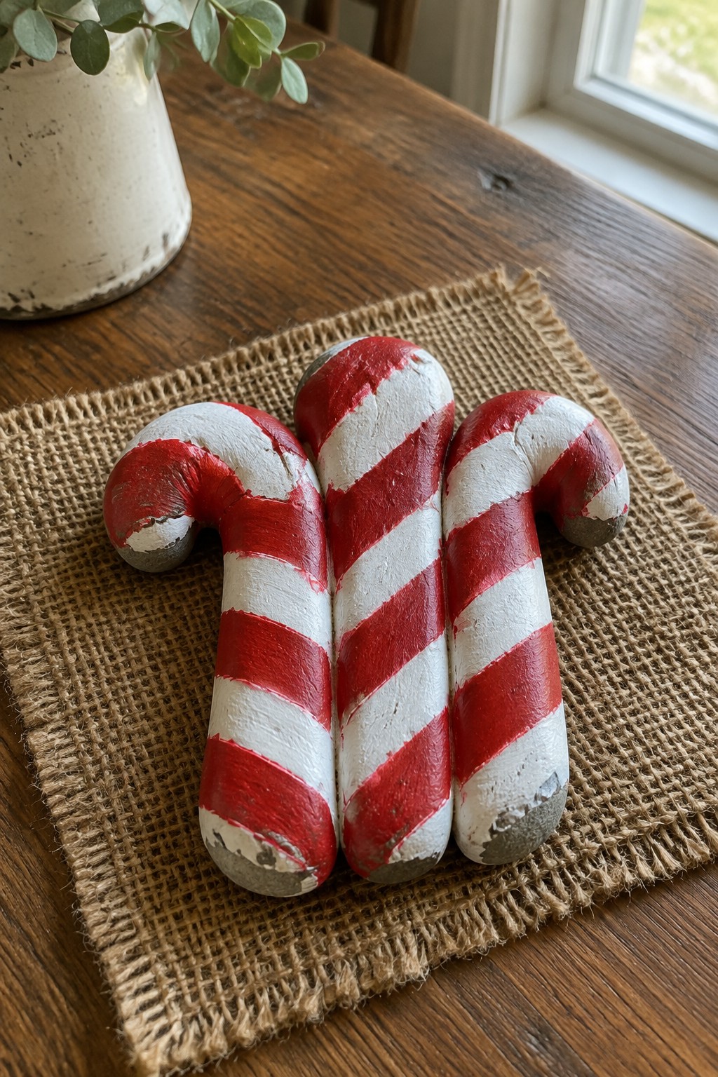 Three red and white striped candy canes on burlap over wooden table