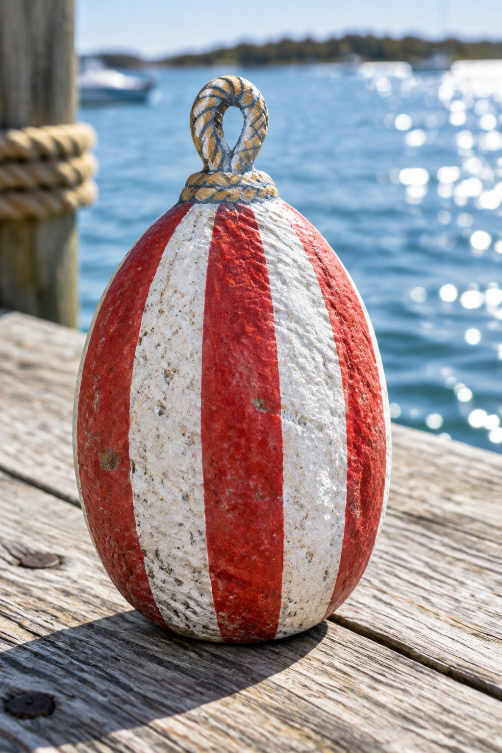 Red and white striped buoy with rope loop on wooden dock by water