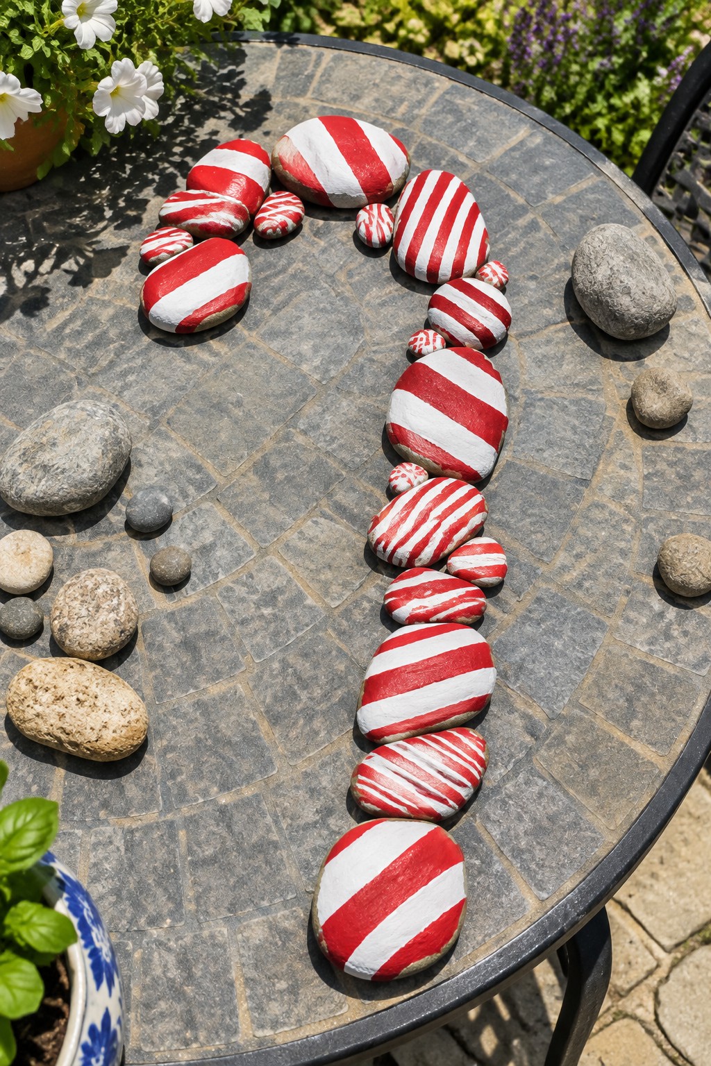 Red and white striped rocks forming a candy cane shape on tiled table.