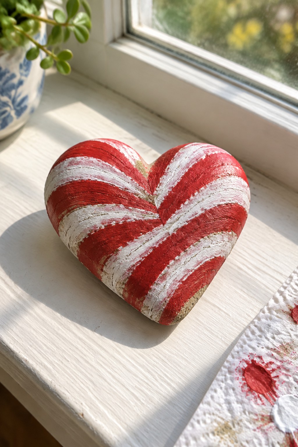 Red and white striped heart on sunny white windowsill with plant nearby.
