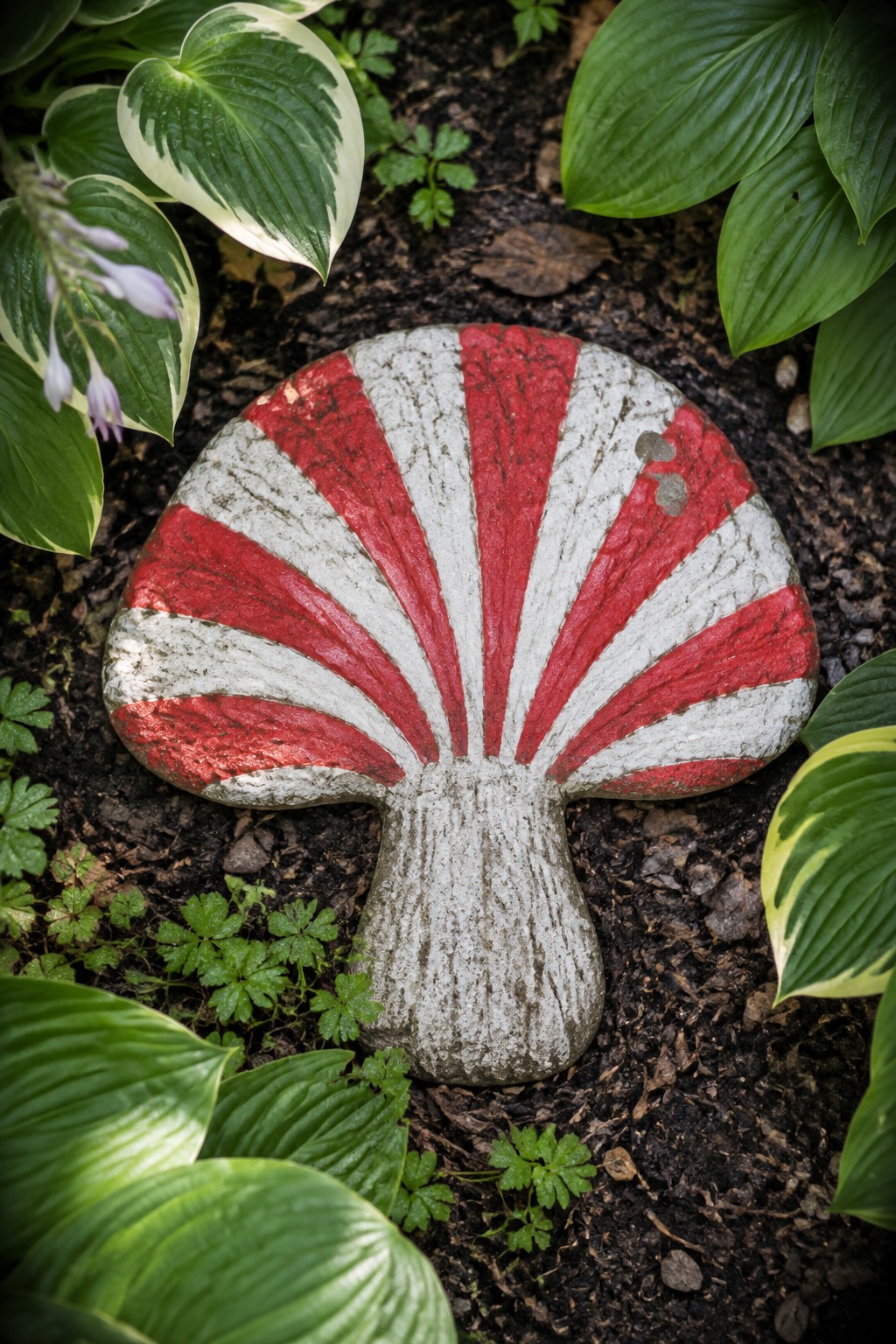 A painted rock shaped like a mushroom with red and white stripes sits among green hosta plants in garden soil.