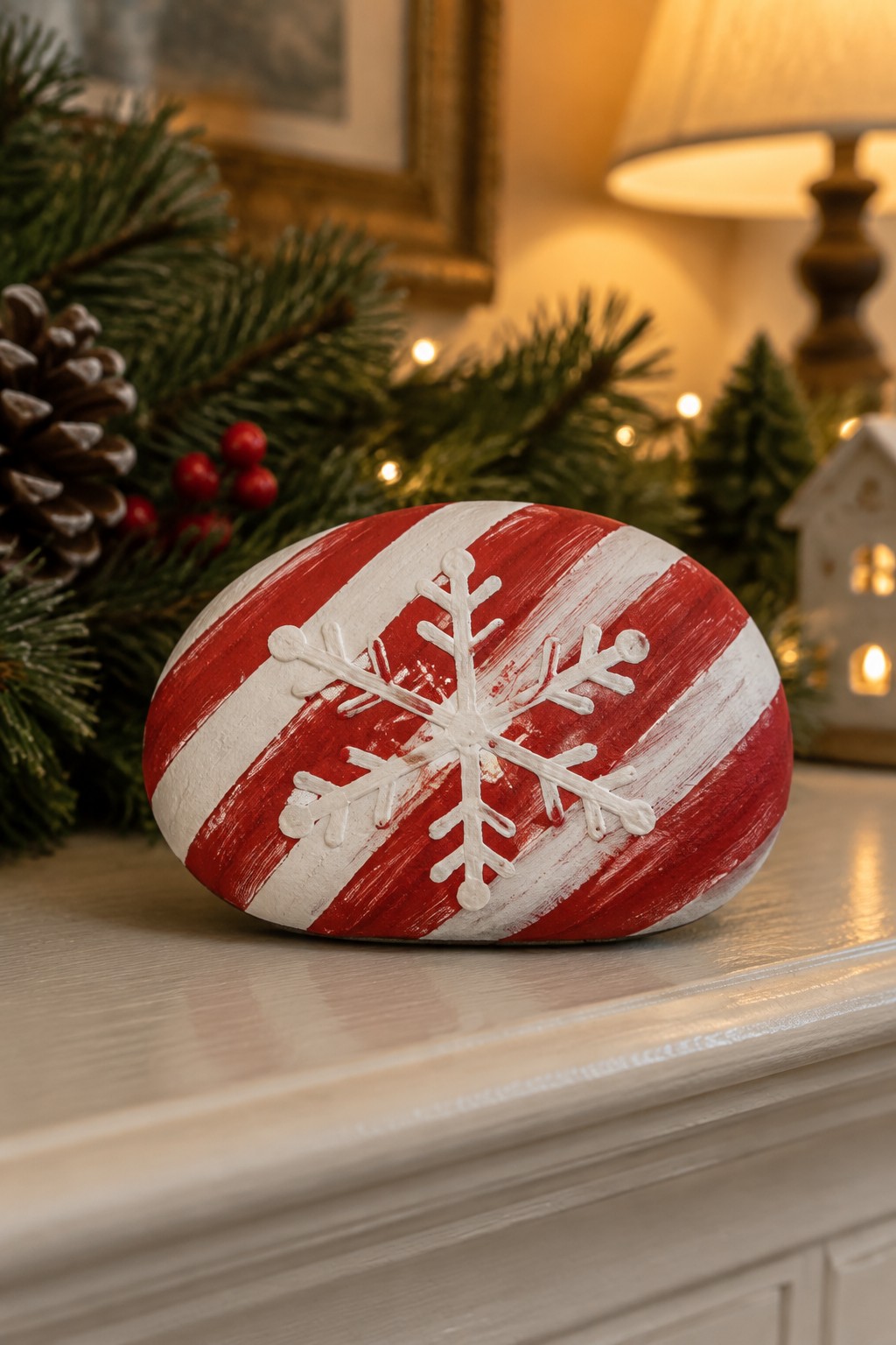 Red and white striped painted rock with snowflake amid holiday pine decor