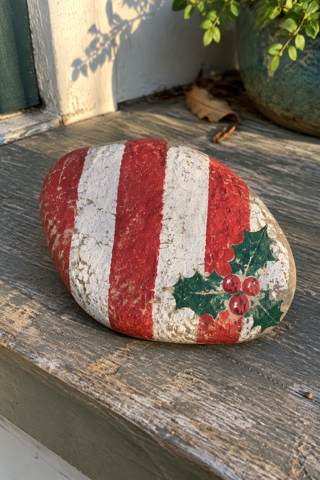 Red-and-white striped rock with holly leaves and berries on wooden surface.