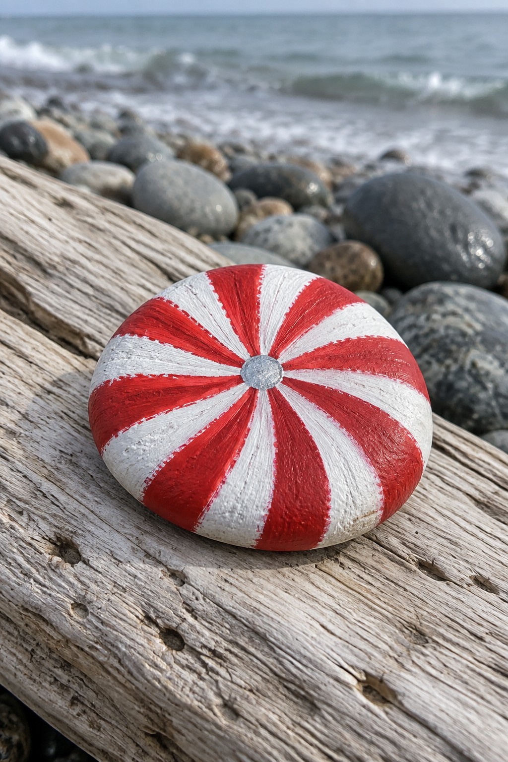 A round stone painted with red and white radiating stripes rests on driftwood by the shore.