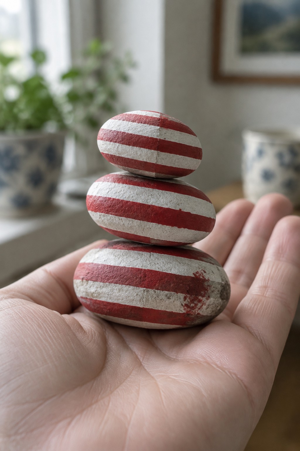 Hand holding three stacked red and white striped painted stones on palm.