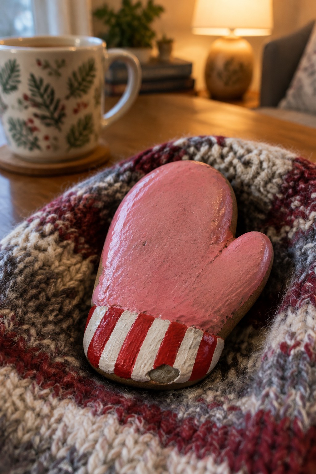 Pink mitten cookie with red-white stripes on red-gray knit blanket near mug