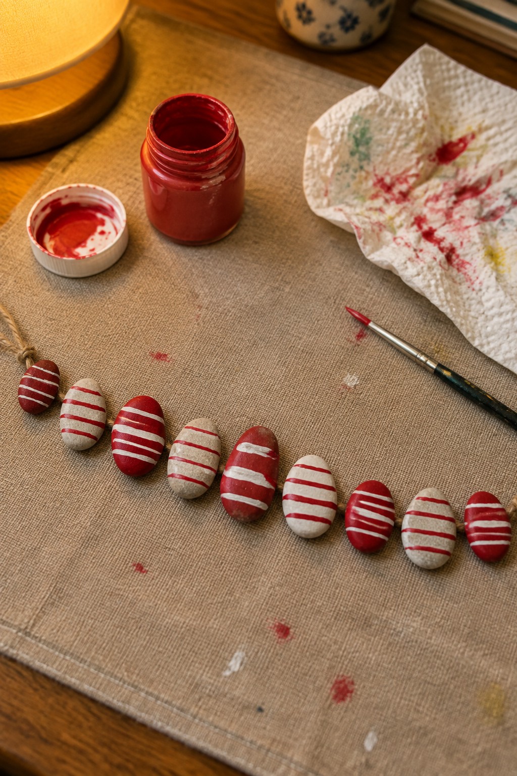 Red and white striped painted pebbles on string beside open paint jar and brush