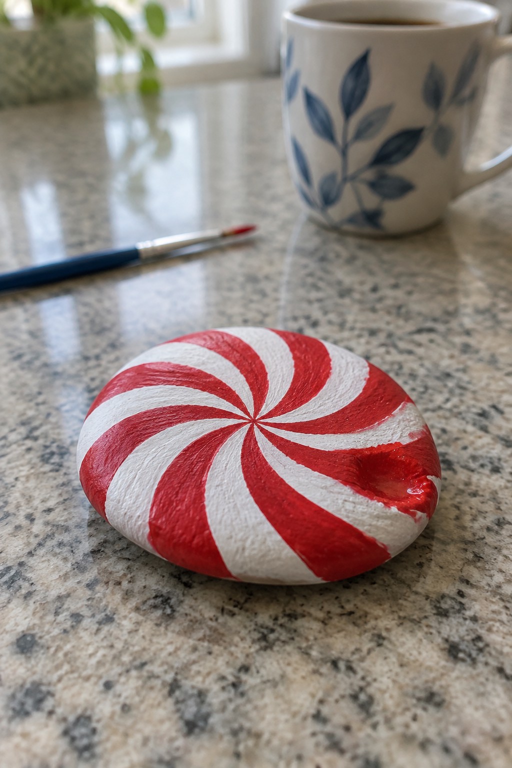 Swirled red and white painted rock on granite countertop with paintbrush and blue mug.
