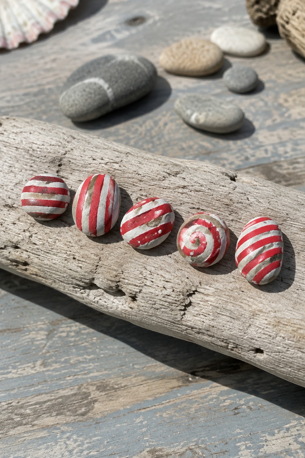 Five red-and-white striped rocks lined on weathered driftwood with shells nearby.