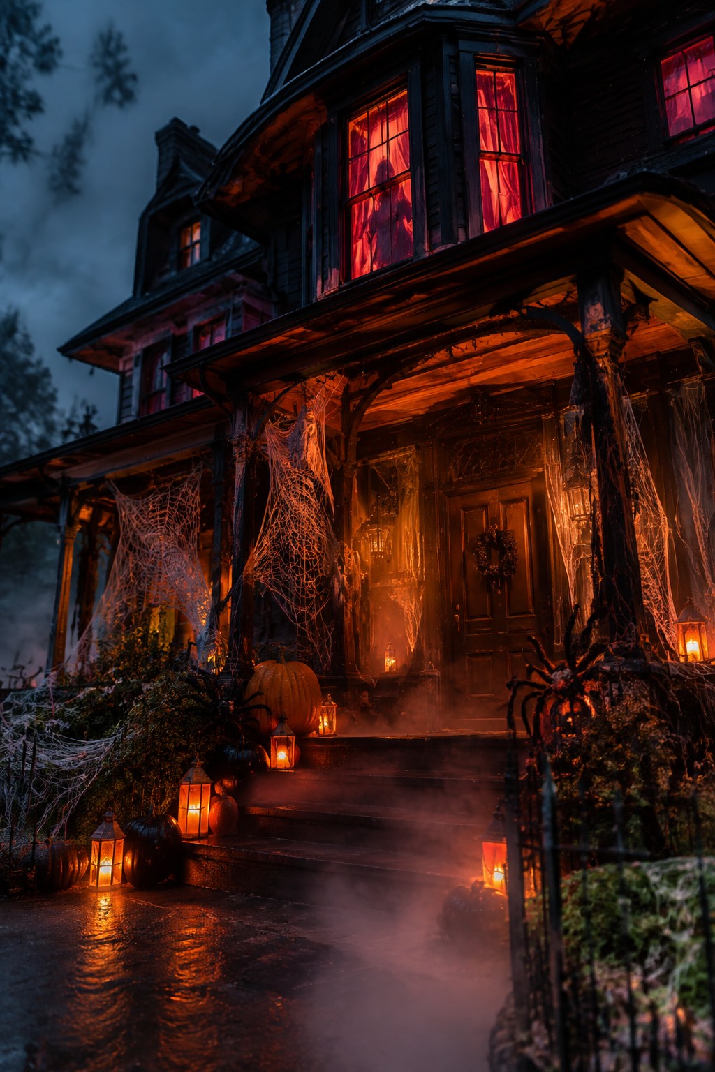 Front porch covered in thick white spiderwebs with large black spiders, pumpkins, and glowing lanterns arranged on the steps of a dark wooden house.