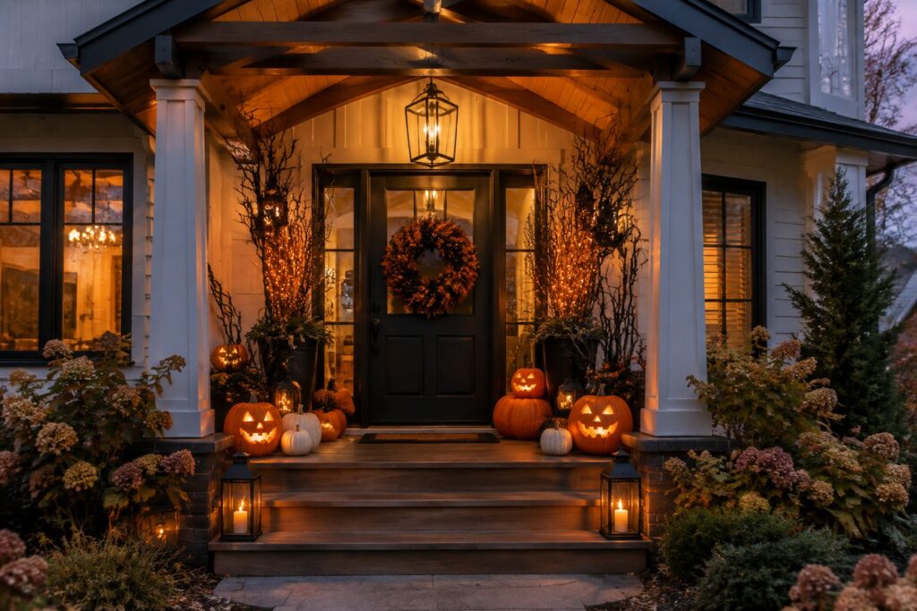 Front porch entrance lined with carved and lit jack-o'-lanterns on the steps, plus lanterns and a wreath on the double doors.