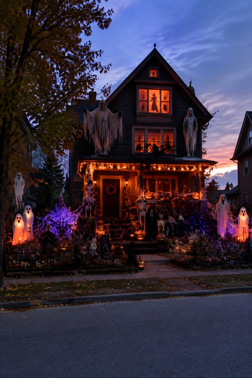 Front of a dark house decorated with multiple white fabric ghosts, some hanging and some standing, along with pumpkins, string lights, and skeletons on the porch and yard.