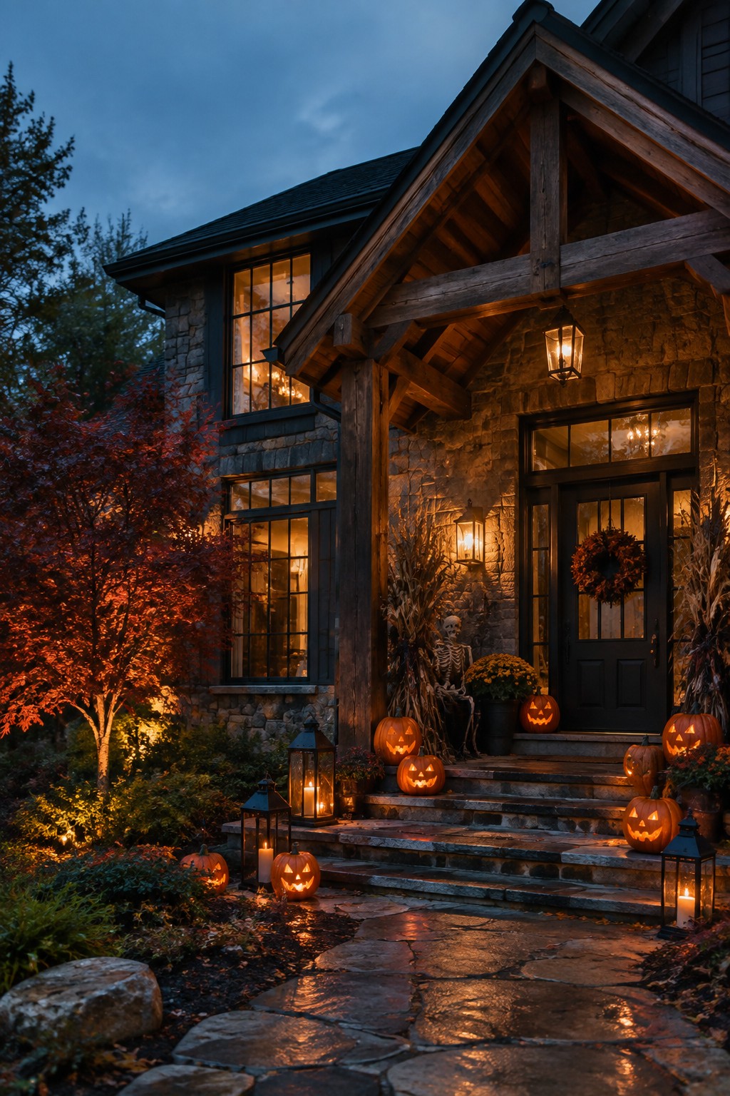 Stone porch with multiple carved jack o lanterns placed on the steps and ground, a skeleton figure near the door, and several lit lanterns.