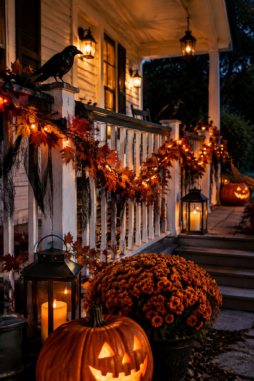 Front porch decorated with multiple carved jack o lanterns, black crow figures on the railing, and leaf garlands with string lights.