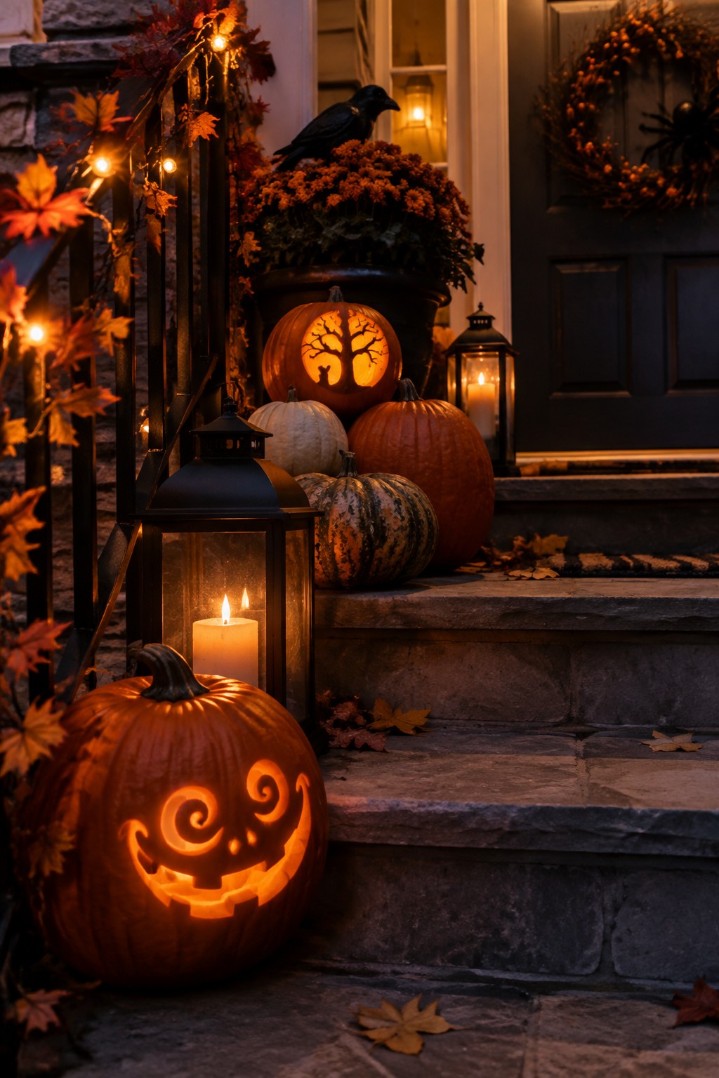 Front porch steps lined with glowing carved jack o lanterns, black lanterns, and a crow figure beside a dark front door.