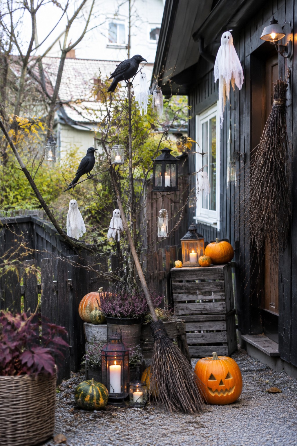 Dark wooden house entrance with multiple white hanging ghosts, black crows on branches, carved pumpkins, and lit lanterns arranged on gravel ground.