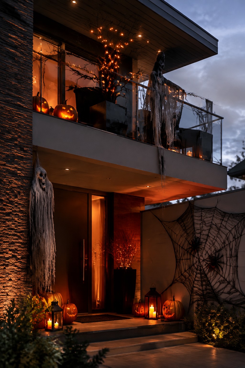 Modern house entrance at dusk with tall hanging ghost figures beside the front door and dangling from the upper balcony, plus carved jack-o'-lanterns on the steps and spiderwebs on the side wall.