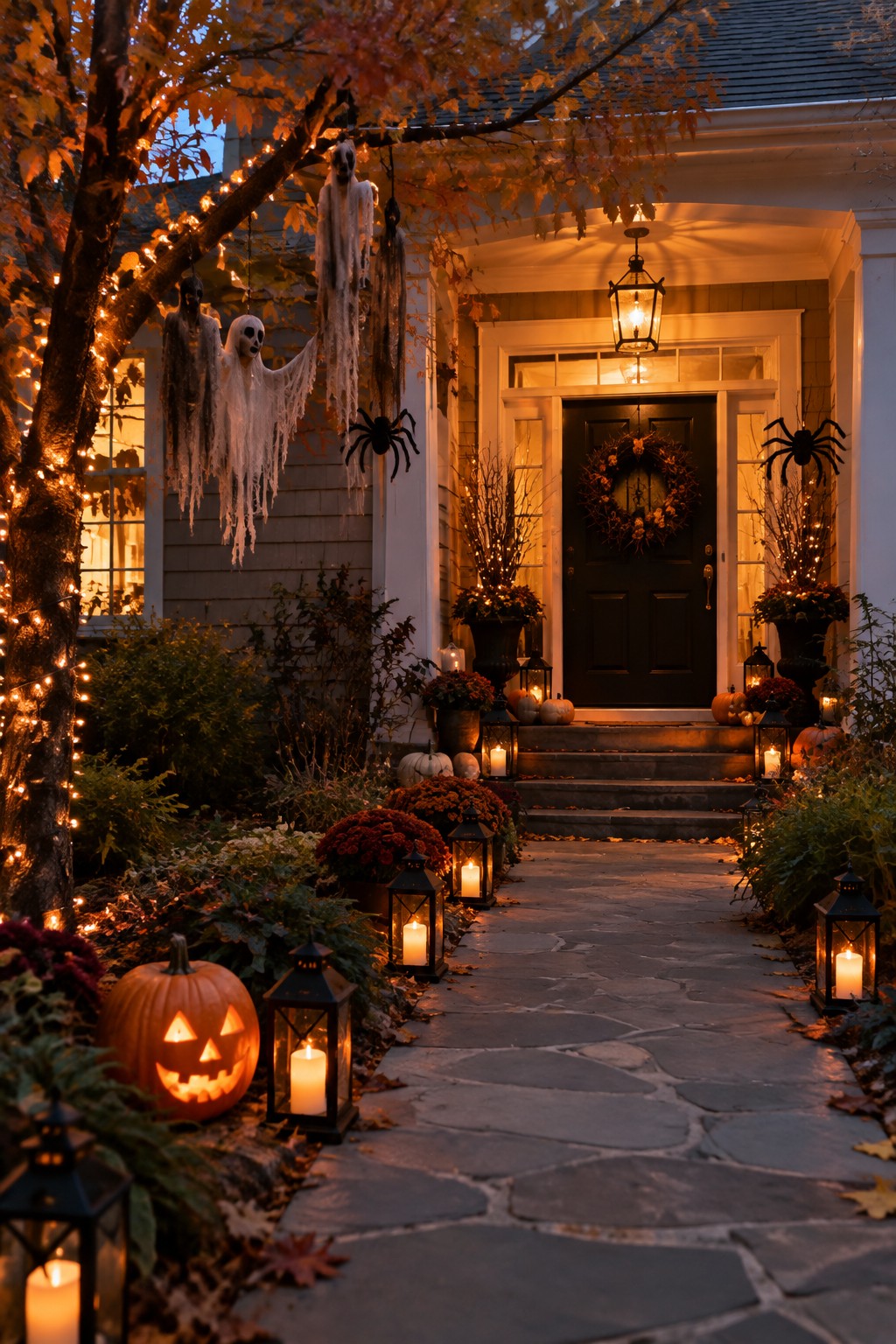 Front entry with multiple white fabric ghosts hanging from a tree, black spiders on the siding, and a carved jack-o'-lantern beside a stone walkway lined with lanterns.