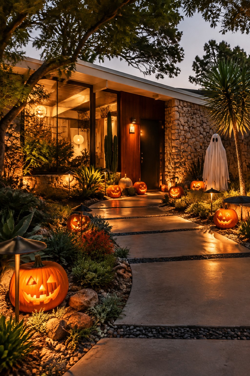 Stone house walkway lined with carved jack o lanterns on the ground and on stakes, plus a white ghost figure near the front door.