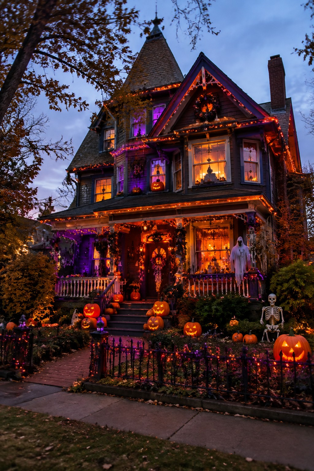 Victorian house exterior at dusk with dozens of carved jack o lanterns lighting the porch steps, railings, and front yard, plus skeletons and string lights.