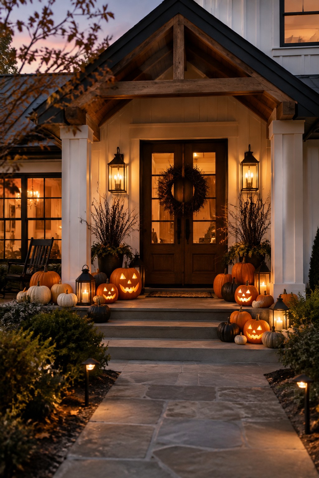 Front porch entrance lined with carved and lit jack-o'-lanterns on the steps, plus lanterns and a wreath on the double doors.