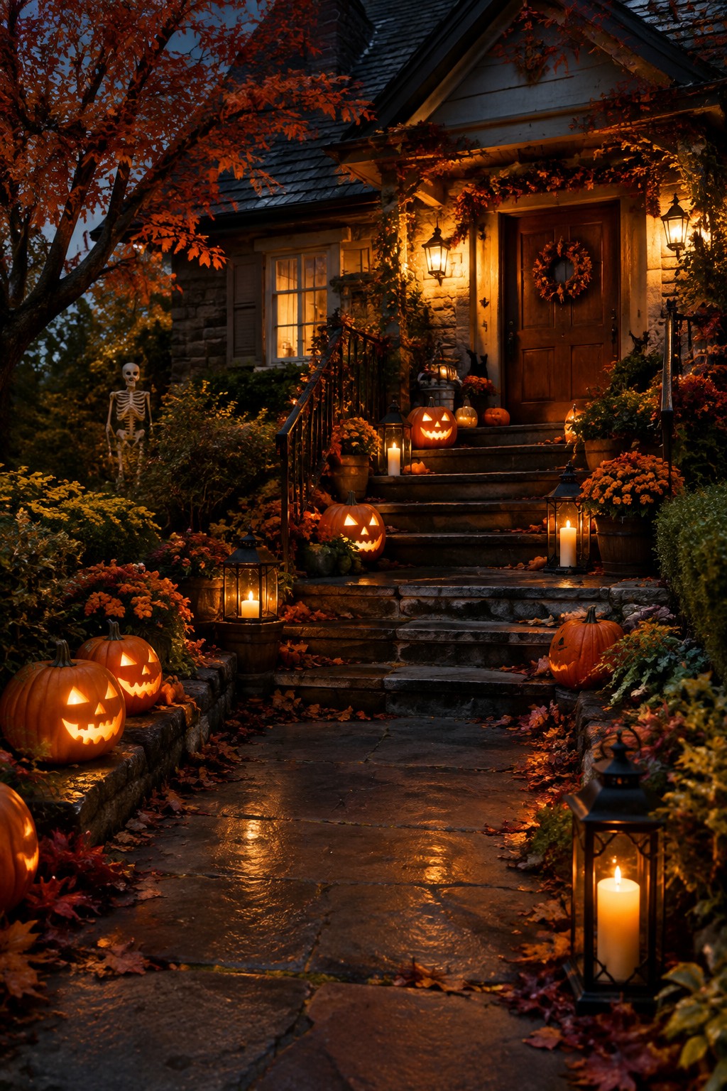 Glowing jack-o'-lanterns and lanterns line a wet stone path to a decorated house.
