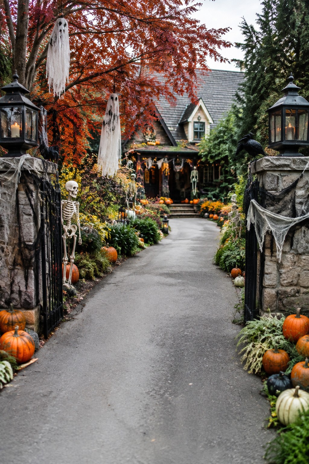 Stone pillars and black gate framing a walkway lined with standing skeletons, hanging white ghosts from tree branches, scattered pumpkins, and black crows perched on the pillars.