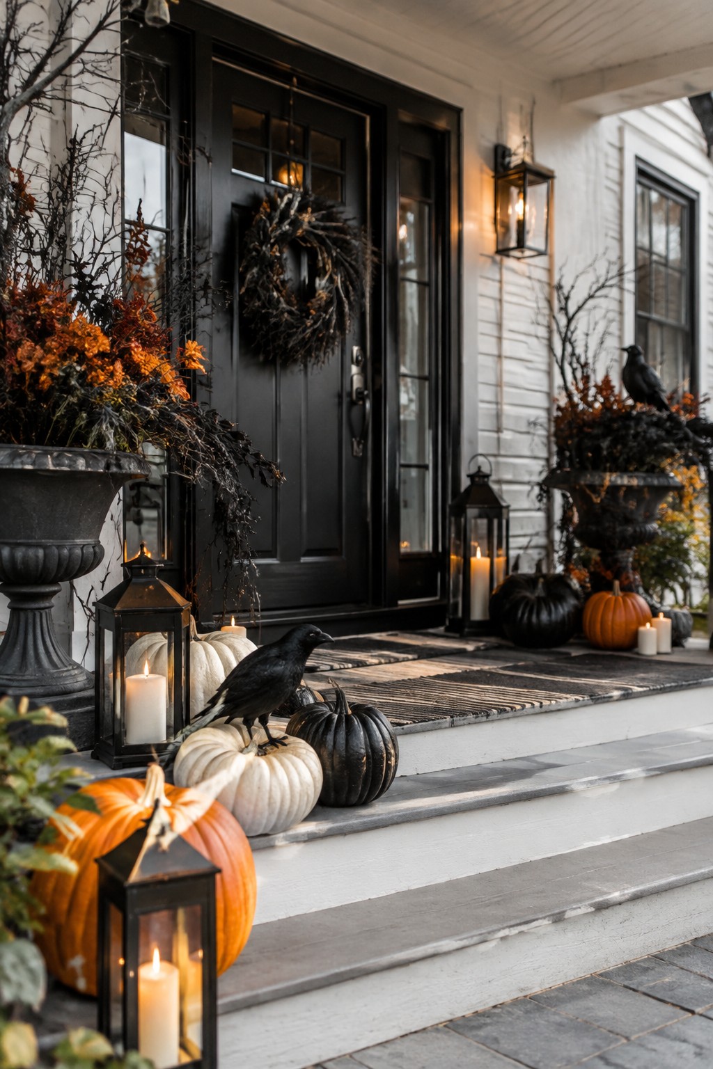 Front porch steps decorated with black crows perched on white and black pumpkins, orange pumpkins, black lanterns, and dark foliage in urns beside a black door.