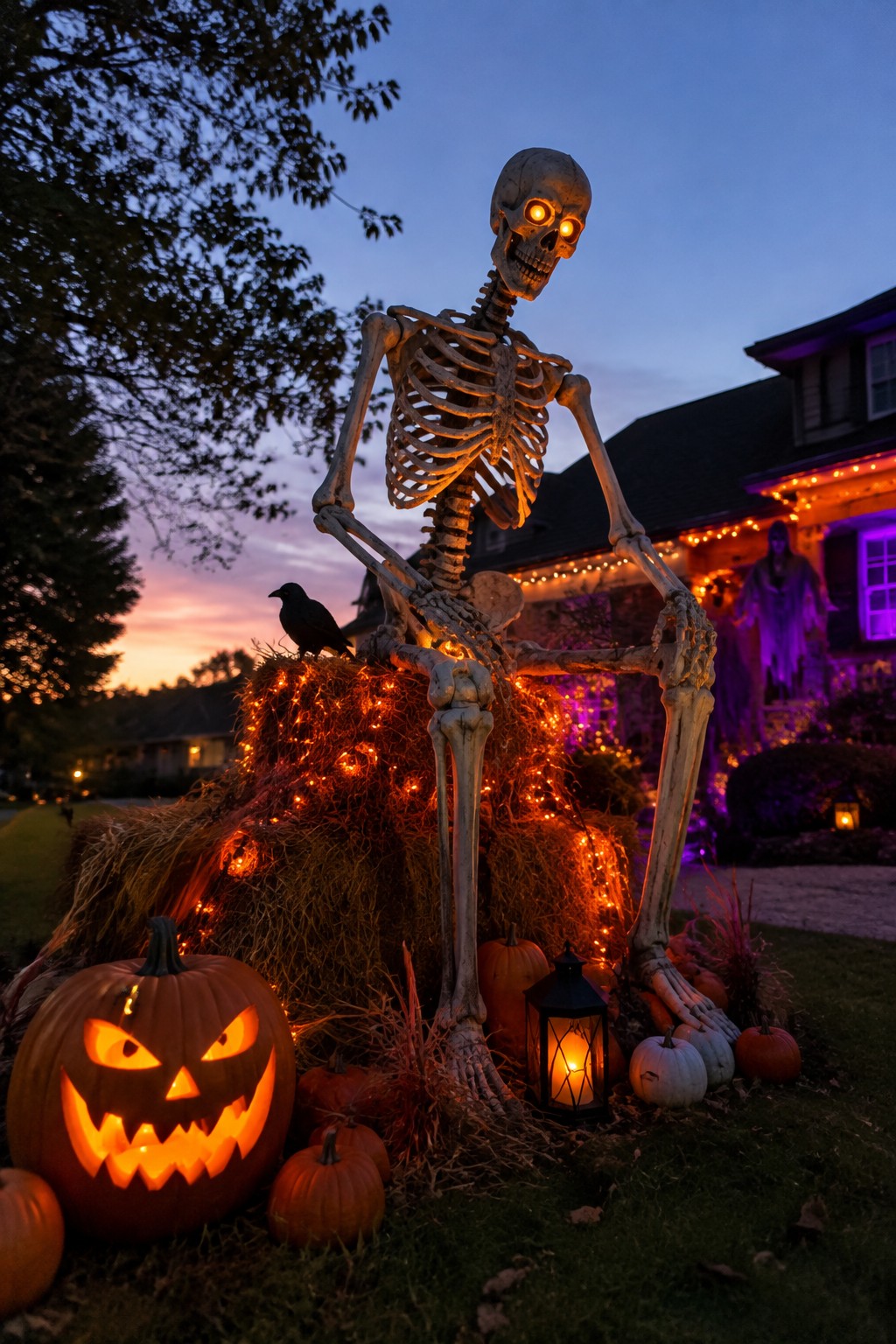 Large skeleton figure seated on hay bales with glowing eyes, surrounded by carved jack-o'-lanterns and small pumpkins in a front yard at dusk.