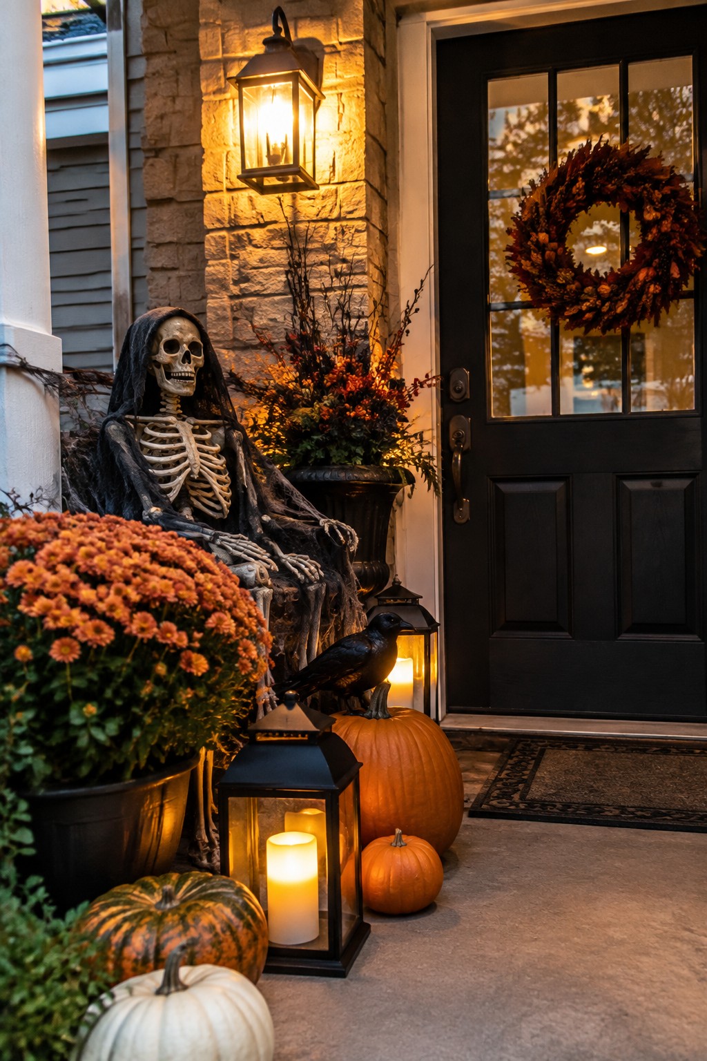 A skeleton in a black cloak seated on a front porch beside pumpkins, lanterns, and a black crow.