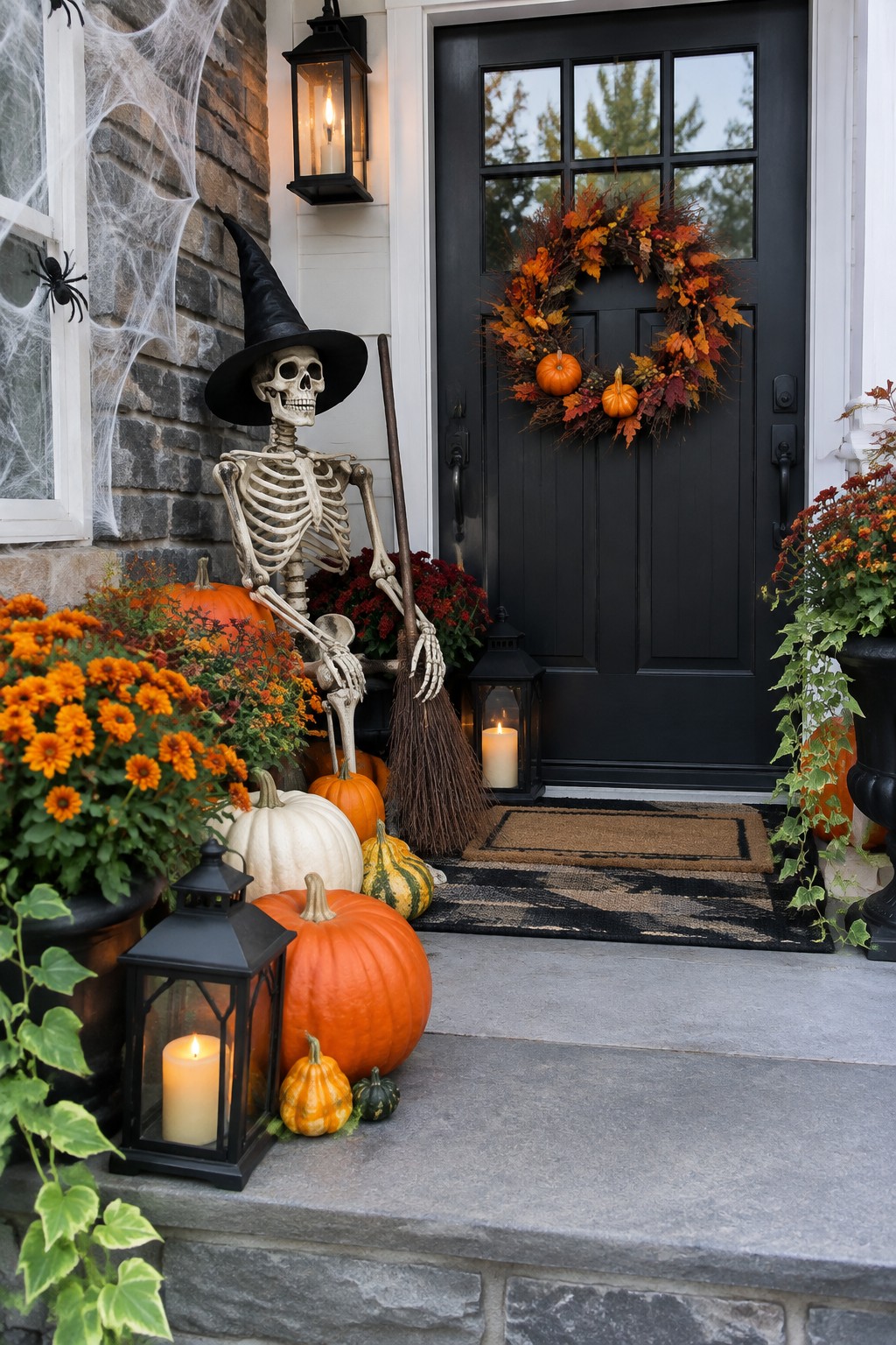 Witch skeleton with broom on porch beside black door with autumn wreath and pumpkins