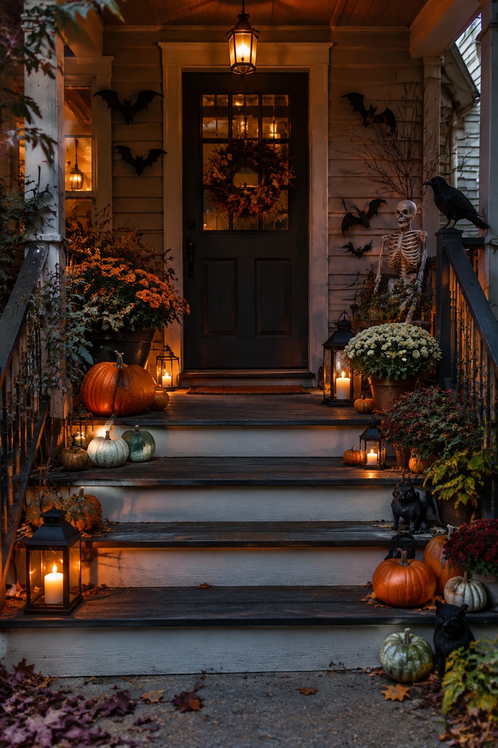 Halloween porch steps lined with pumpkins, lit lanterns, skeleton, and autumn flowers.
