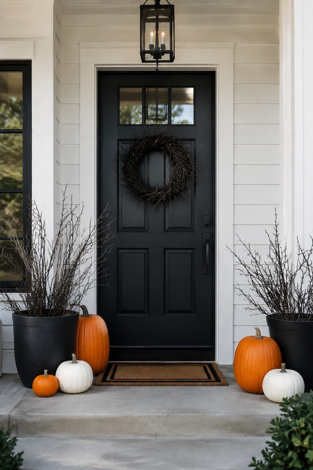 Black front door with a large twig wreath and orange and white pumpkins in black planters on the steps.