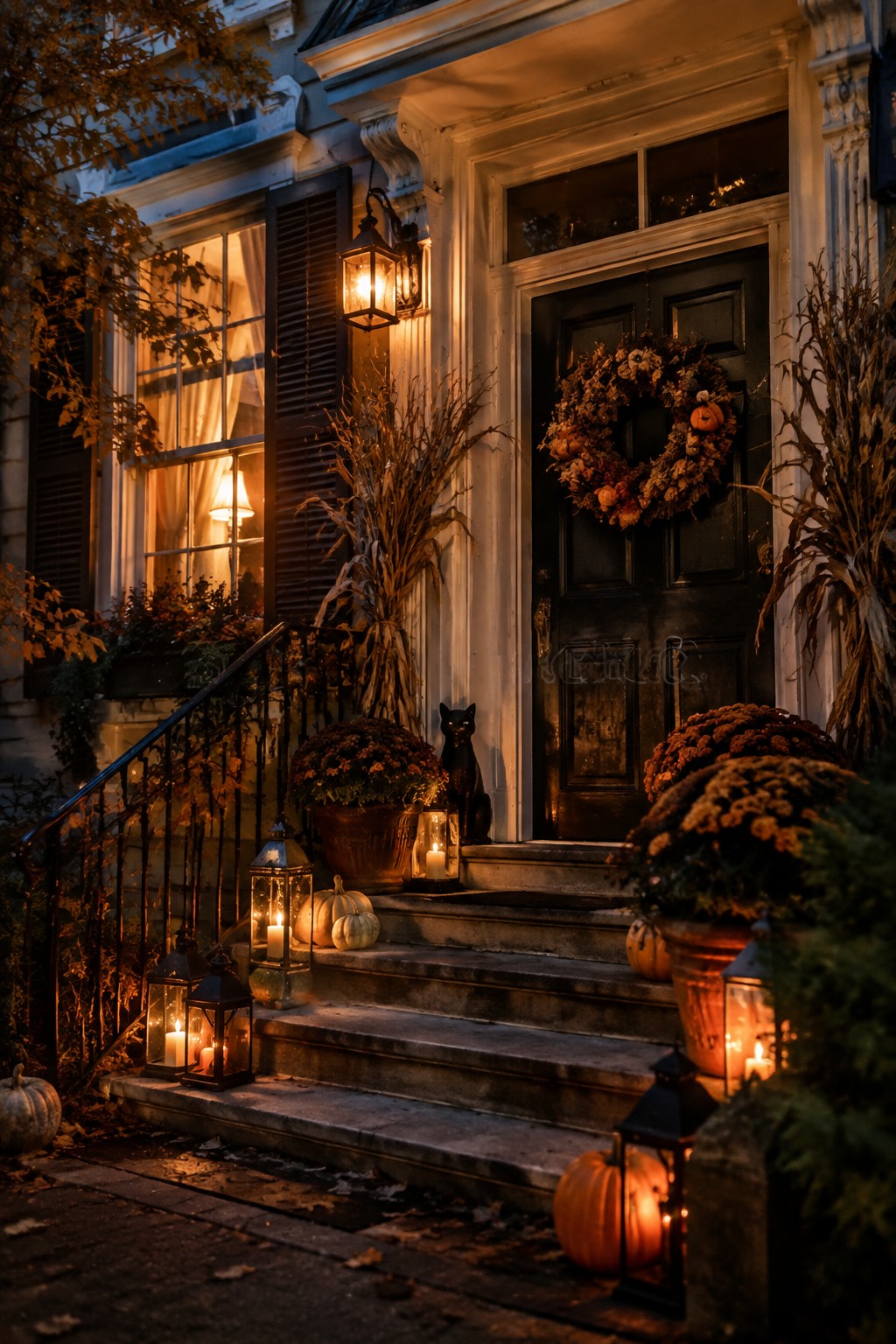 Front porch steps with a black cat statue, pumpkins, and lanterns leading to a dark door with a pumpkin wreath.