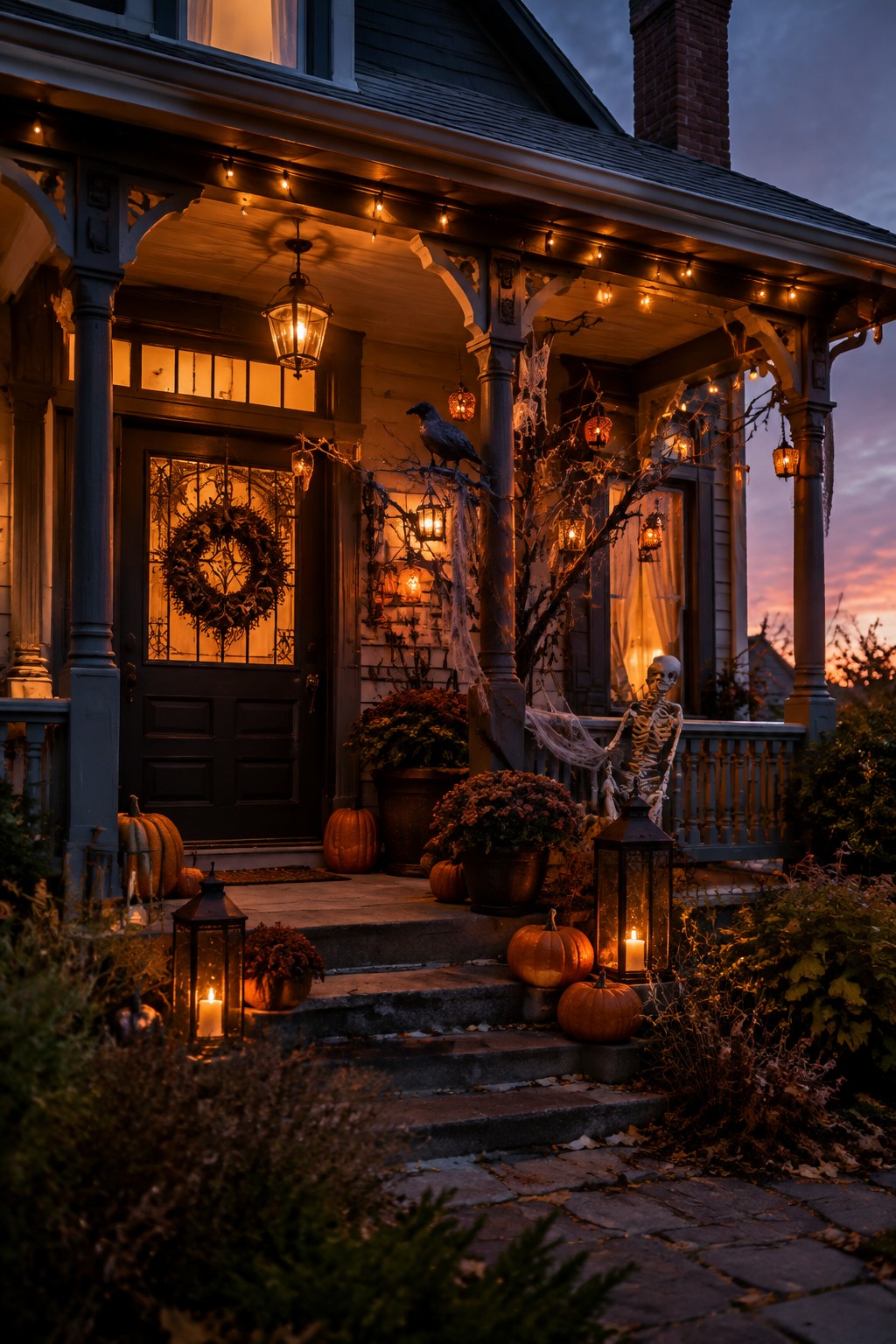 Front porch with a skeleton posed on the railing, spiderwebs on branches, crows, pumpkins, and lanterns around the steps and door.