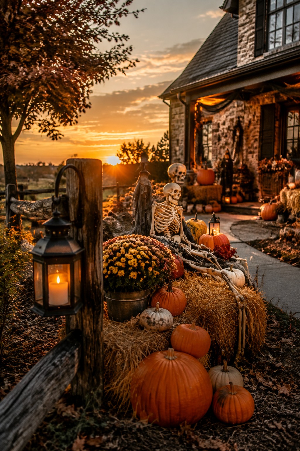 Skeleton with pumpkins on hay bales and lit lantern by stone house at sunset
