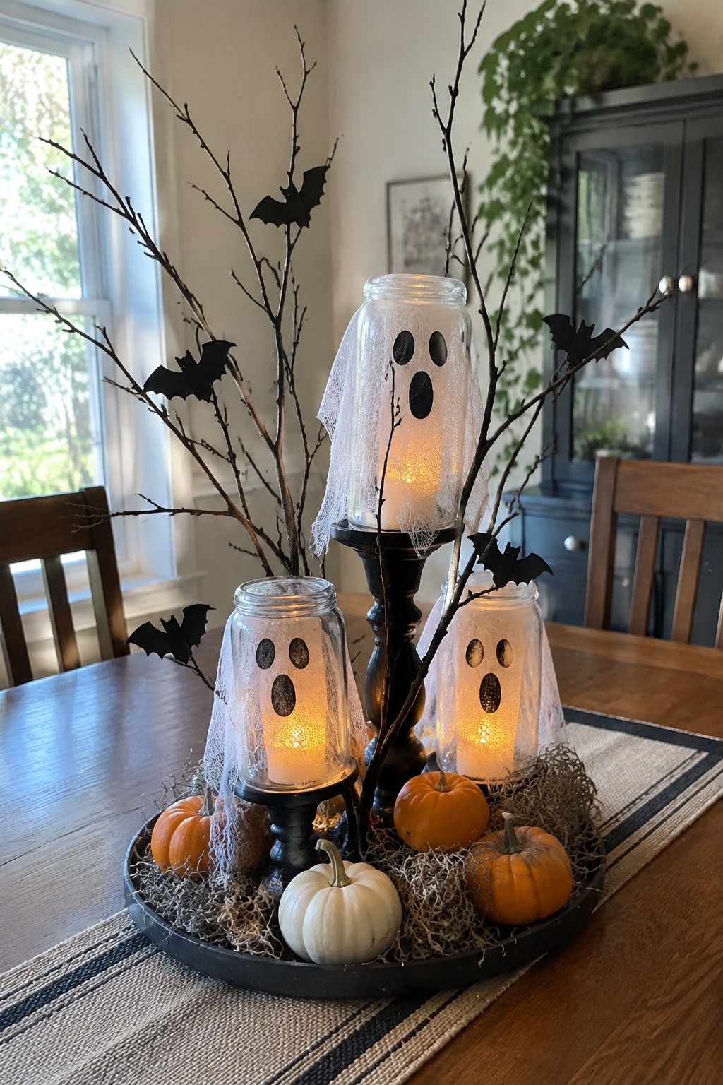 Halloween centerpiece with three glowing ghost jars, black bats on branches, and mini pumpkins.