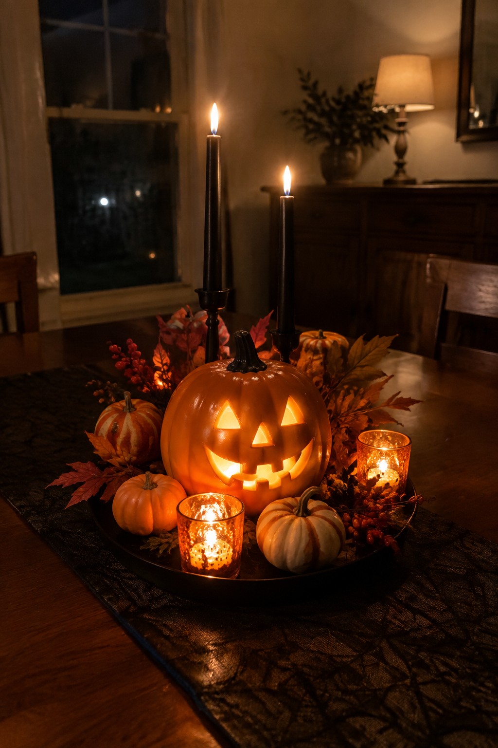 A carved jack o lantern sits on a black tray as the centerpiece on a wooden dining table, surrounded by small pumpkins, black candles, and votive holders.