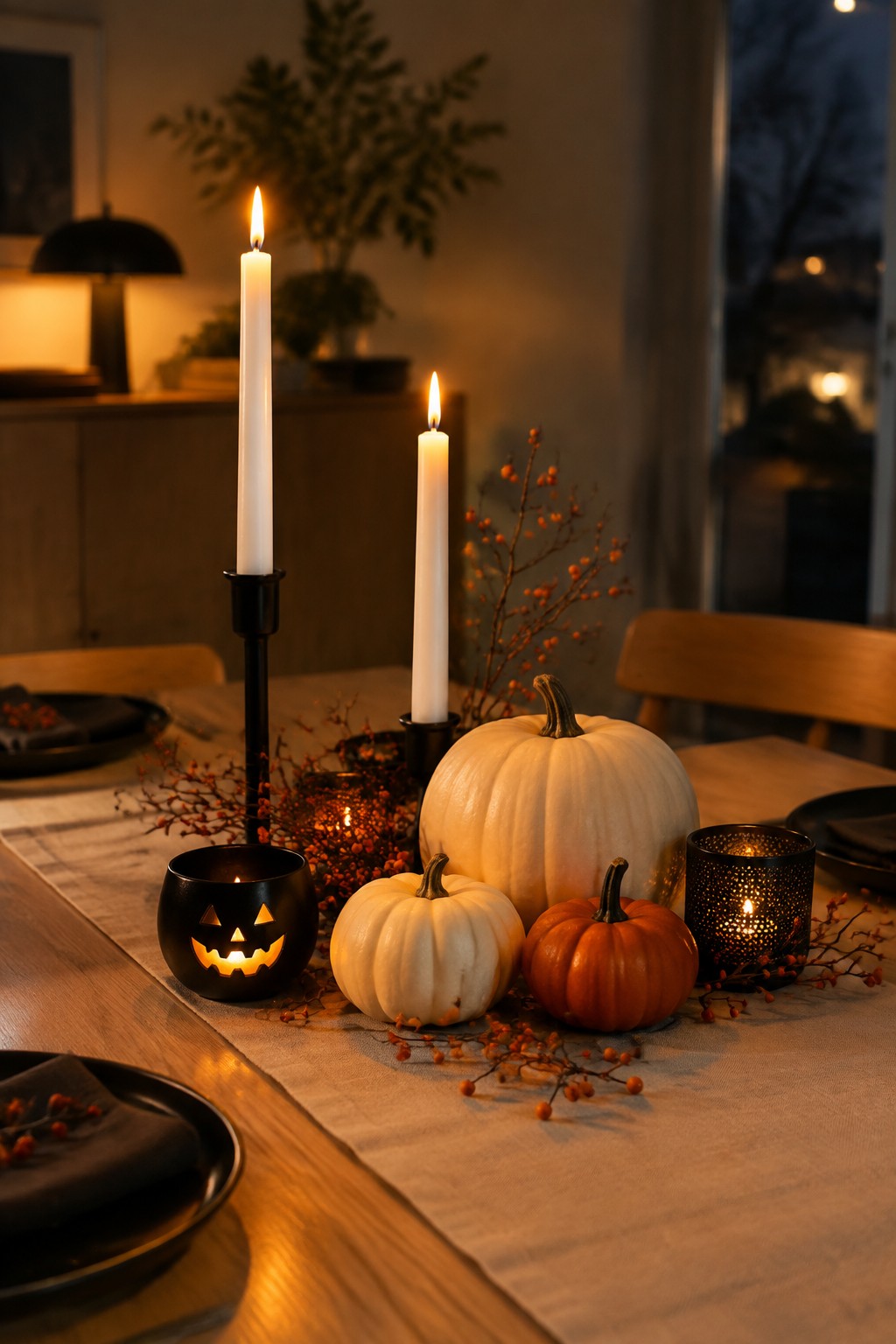 A dining table set with a black jack o lantern candle holder, white and orange pumpkins, lit white candles, and scattered autumn branches on a neutral runner.