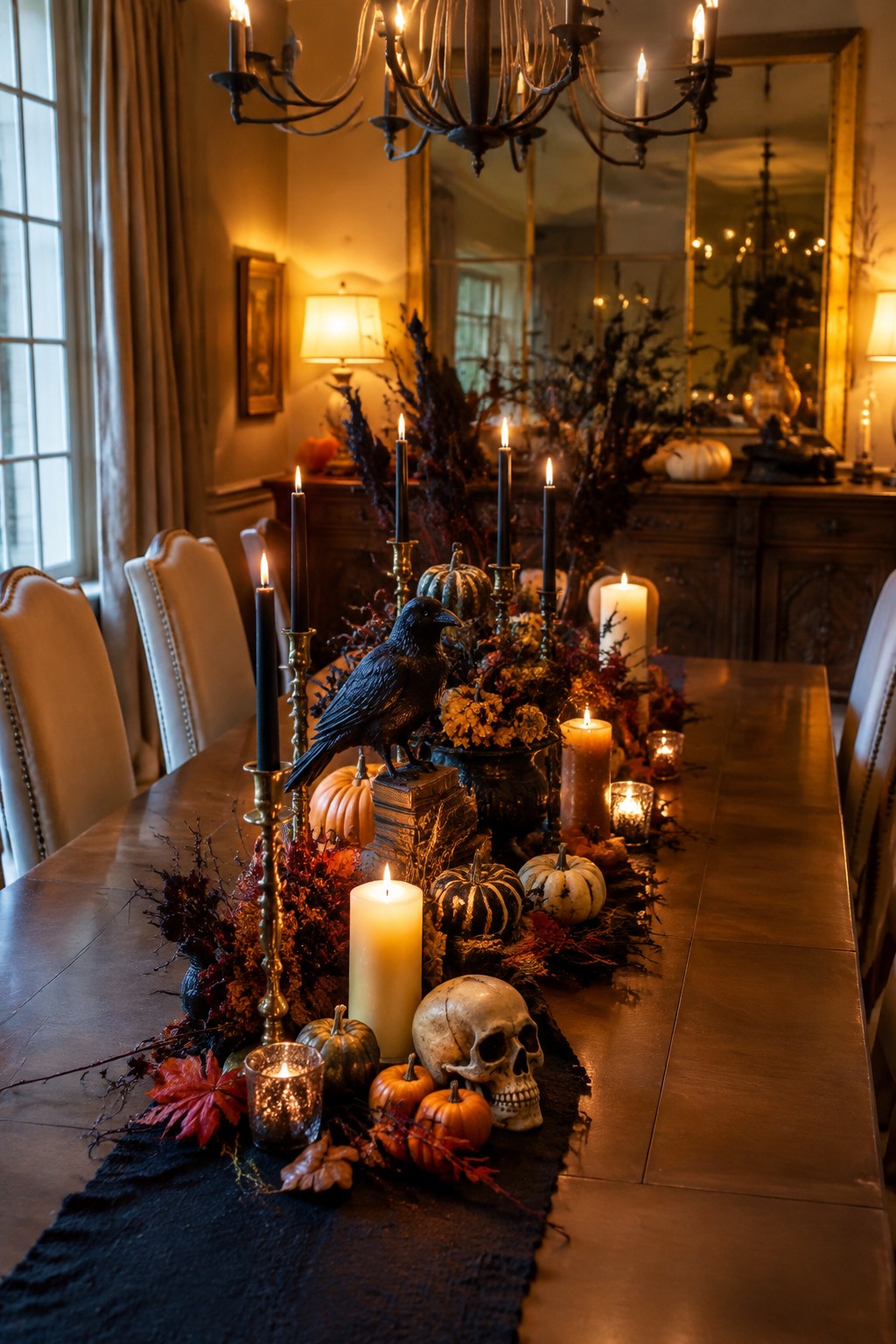 Elegant Halloween table with skull, black crow, pumpkins, autumn leaves and lit candles