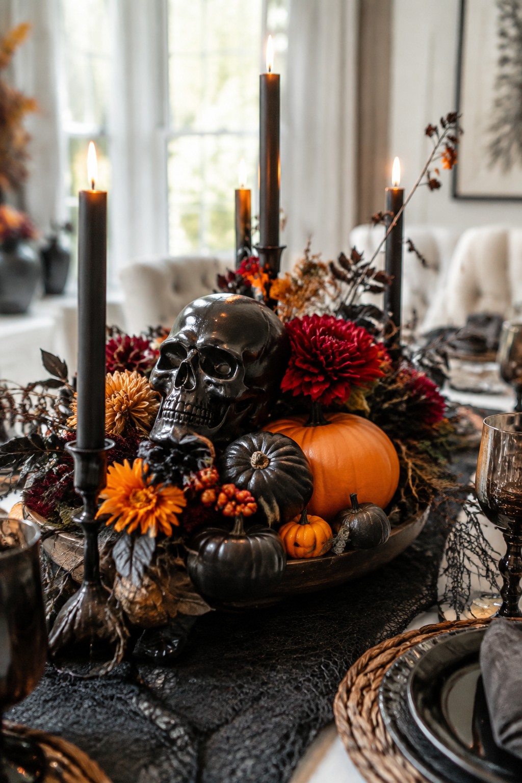 A dining table centerpiece with a black skull, black taper candles, orange and black pumpkins, and dark flowers arranged in a wooden bowl.