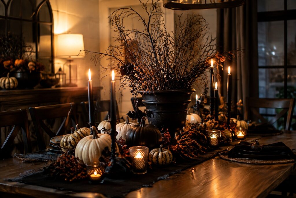24 Captivating Halloween Centerpiece Ideas for Any Occasion Autumn tablescape with white pumpkin, black crow, lit candles, and fall leaves